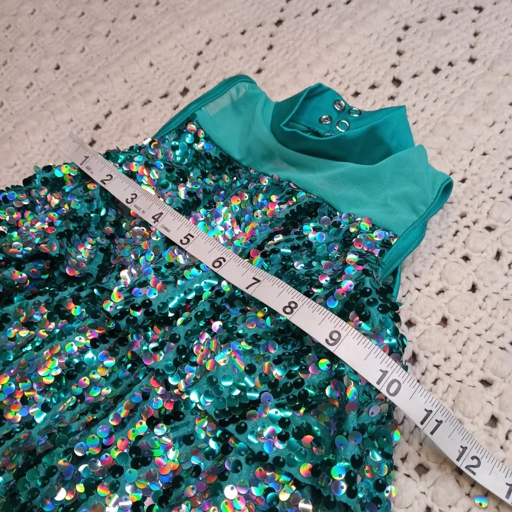 Weissman Dance Costume SC Teal Shimmer Fringe Leotard Recital Competition Sequin